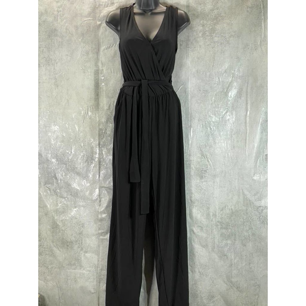 NY Collection Women's Petite Deep Black Surplice Belted Wide-Leg Jumpsuit SZ P/L